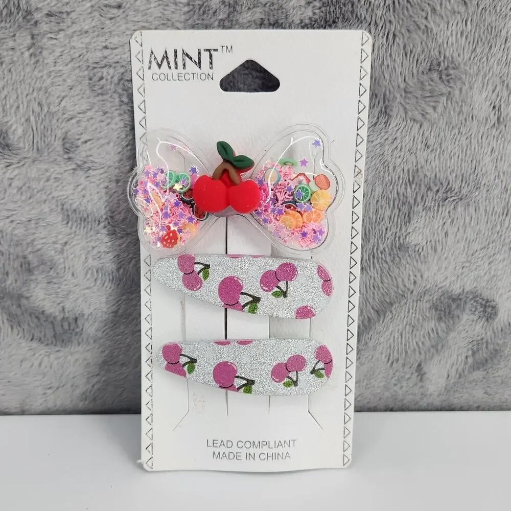 3 pc Cherry Theme Hair Accessories Glittery Bow with Cherry Charm & Snap Clips